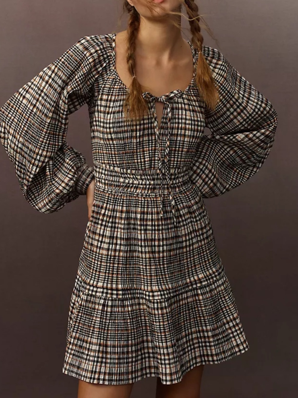 Anthropologie The Somerset Mini Dress Puff Sleeve Plaid Preppy Boho Womens S